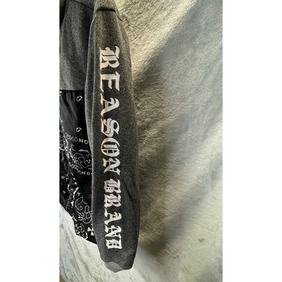 Reason Brand sweatshirt Men's Medium Black & Gray Hoodie  "Reason" Sleeve Print - Picture 6 of 12